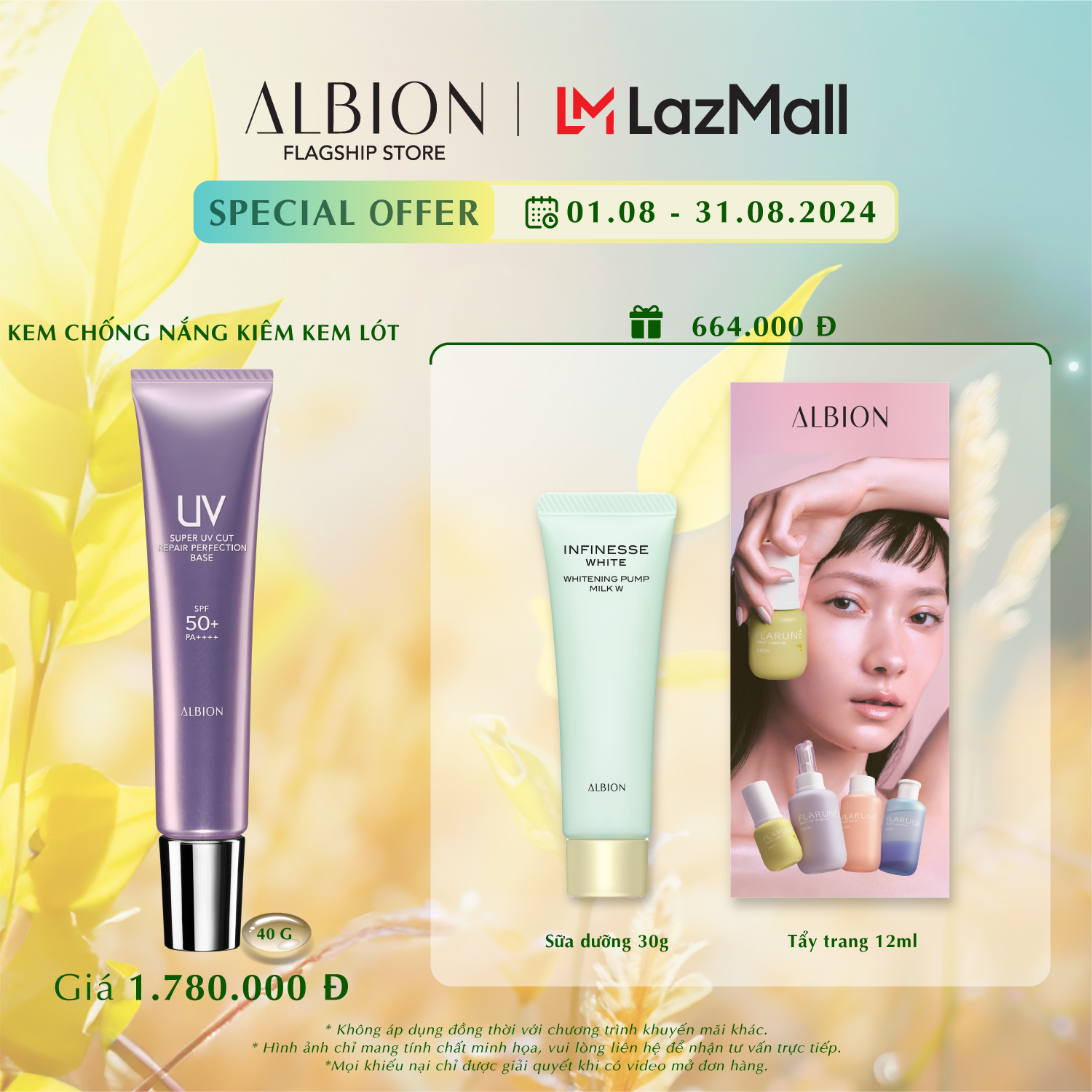 Kem chống nắng kiêm kem lót albion super uv cut repair perfection base 40g