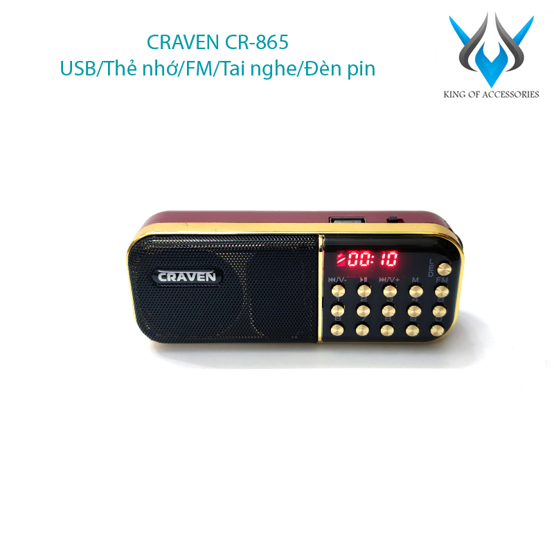 Loa đài FM Craven CR-865 hỗ trợ Thẻ nhớ/ USB/ Tai nghe/ Đèn pin - dùng pin rời 18650 (Đen đỏ) Nhất Tín Computer
