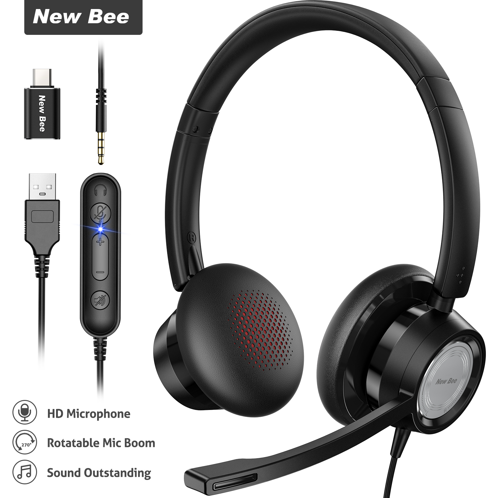 New Bee H362 Business Headphone Tai nghe USB với Micrô Chống ồn Máy tính Văn phòng Tai nghe Chất lượng kỹ thuật số Âm thanh Cắm và Chạy Giắc cắm 3.5 mm + Bộ điều hợp Loại C