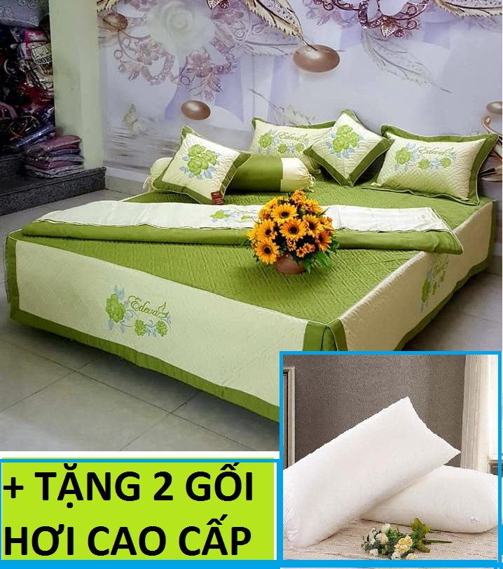[HCM]Bộ Chăn Ga Phủ 7 món SATIN cao cấp 1m8 x 2m Màu xanh lá TẶNG KÈM 2 GỐI HƠI CAO CẤP