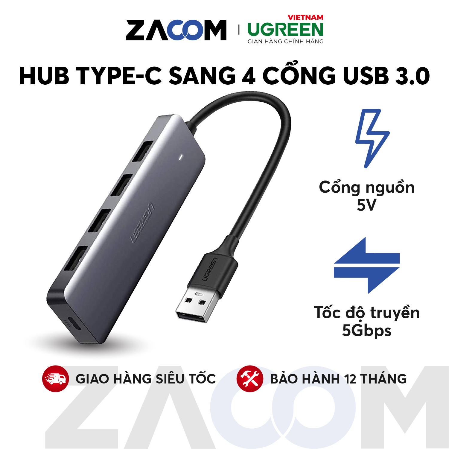 Hub chuyển đổi usb / usb type c sang 4 cổng usb 3.0 ugreen cm219 cm136 - hỗ trợ cổng nguồn micro usb tốc độ truyền tải tối đa 5gbps - hàng phân phối chính hãng - bảo hành 18 tháng