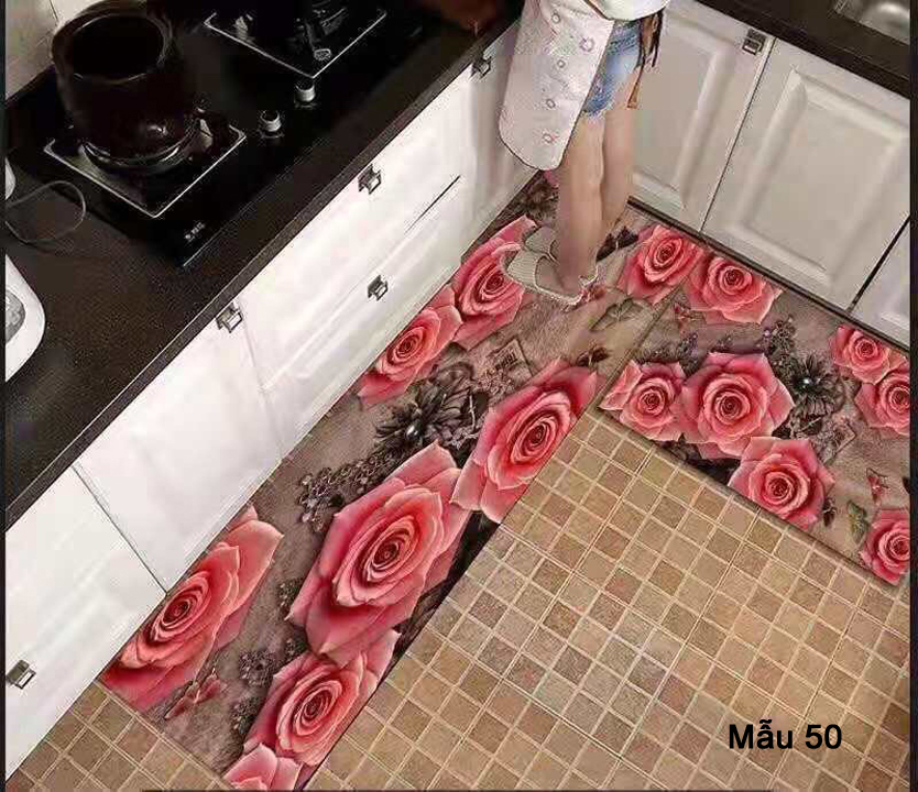 Bộ thảm bếp 2 chiếc hình hoa hồng phấn mẫu 50