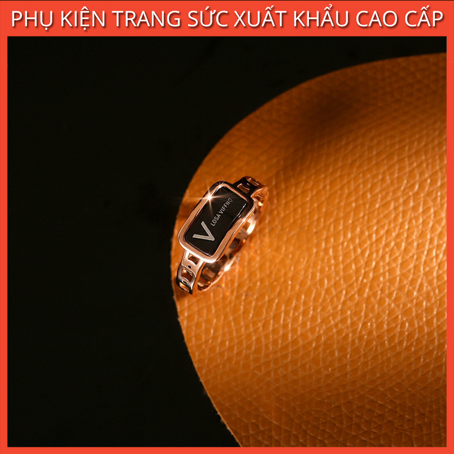 Nhẫn nữ đẹp, nhẫn titan cao cấp chữ v mặt đen cá tính