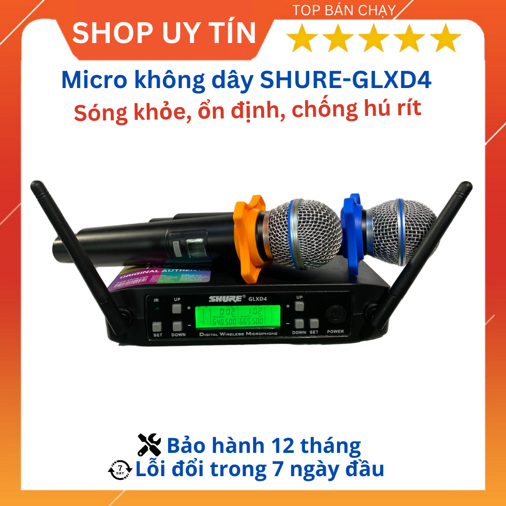 Micro không dây SHURE-GLXD4 đầu thu sóng khỏe, ổn định, âm thanh chân thực, chống hú rít.Phù hợp dàn âm thanh gia đình, loa kéo... Bảo hành 12 tháng.