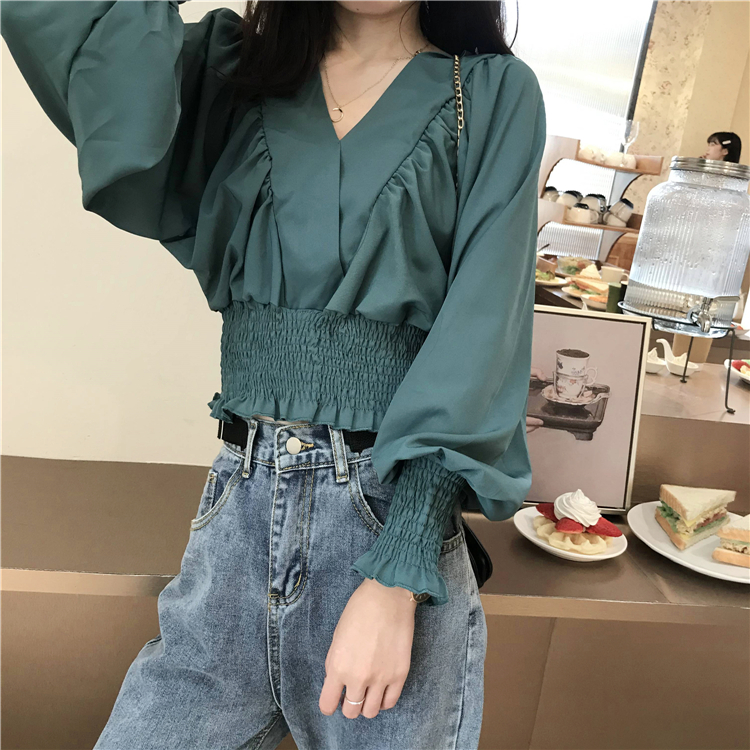 Áo dài tay cổ v kết hợp bo tay và chun eo sang chảnh