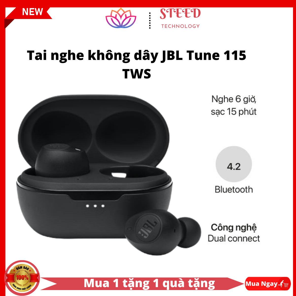 Tai nghe true wireless jbl tune 115tws bluetooth 5.0 sạc type c . thiết kế in-ear tăng khả năng cách âm thụ động , công nghệ jbl pure bass độc quyền đến từ jbl , tai nghe jbl cao cấp hàng chính hãng bảo hành 1 đổi 1