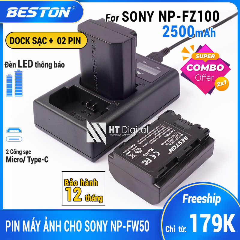 Dock sạc 3 + 2 Pin Sony NP-FZ100 Beston dùng cho máy ảnh SONY A7M3 / A7RM3 / A9), dung lượng 2500mAh ( Hàng chính hãng )