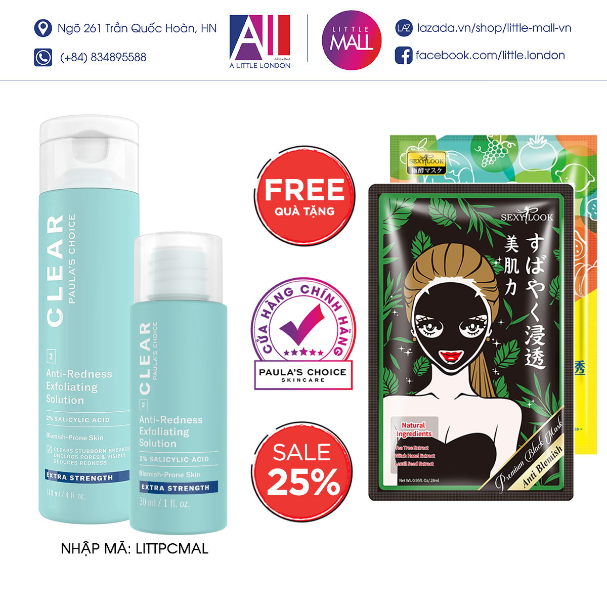 Tinh chất giảm mụn 2% BHA Paula's Choice clear extra strength anti-redness exfoliating solution TẶNG mặt nạ Sexylook (Nhập khẩu)