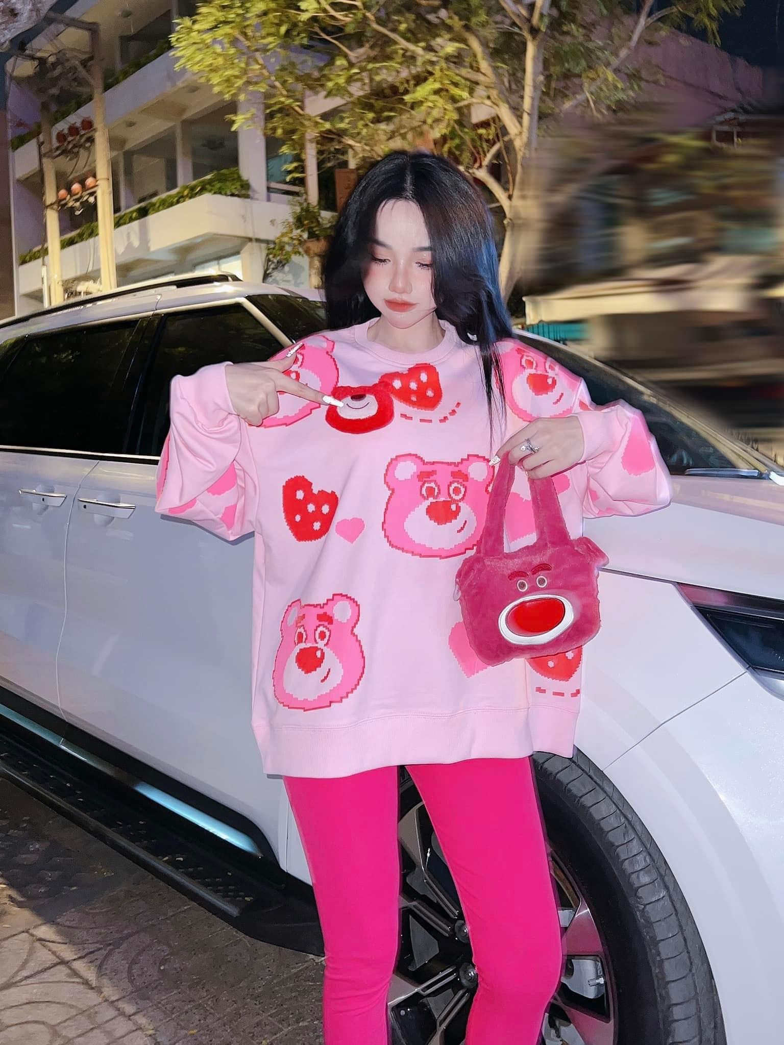 Set bộ đồ nữ áo thun gấu thêu nổi + quần legging sọc dài trẻ trung năng động