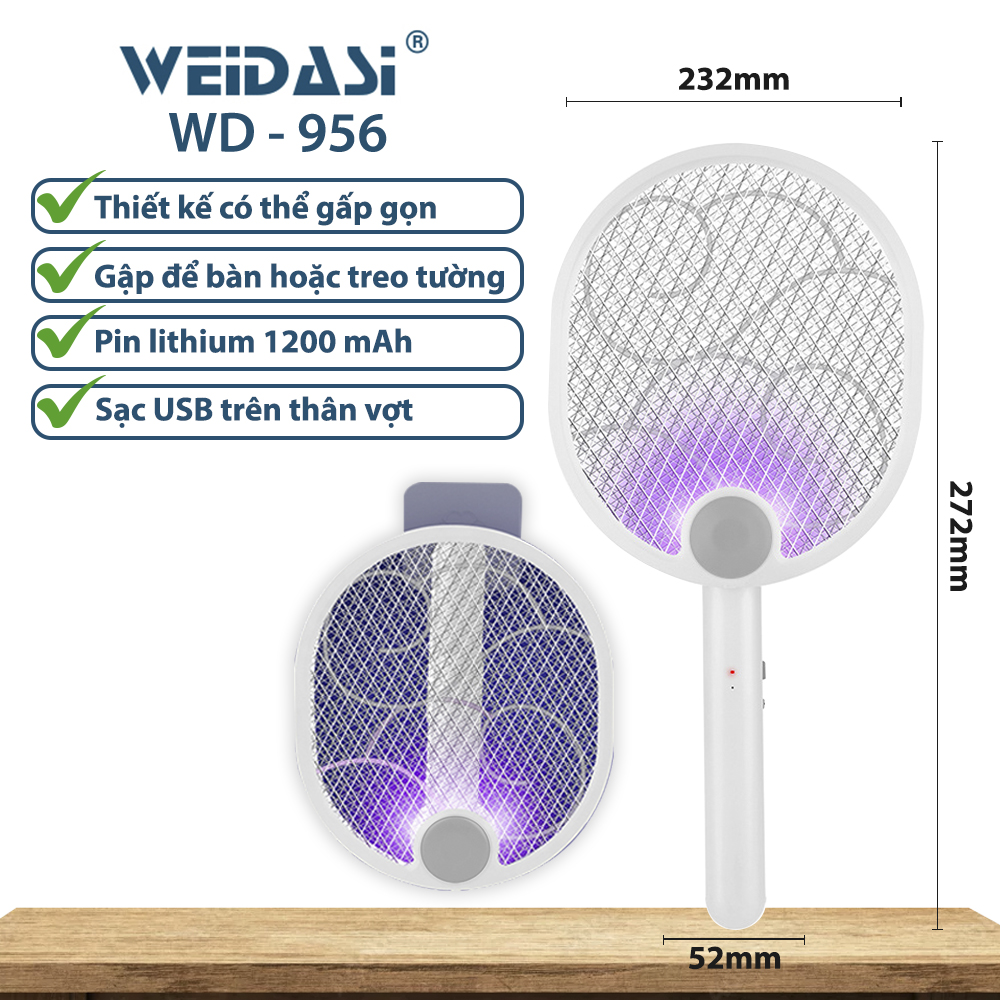 Vợt Muỗi kiêm Đèn Bắt Muỗi 2 trong 1 Weidasi WD955 - Pin Sạc Cao Cấp 1200 mAh - HÀNG CHÍNH HÃNG