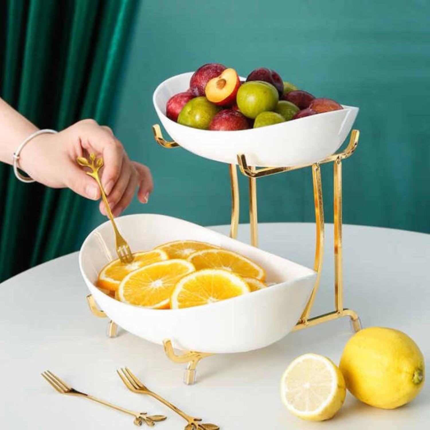 Khay sứ trắng đựng bánh kẹo hoa quả 2 tầng BP