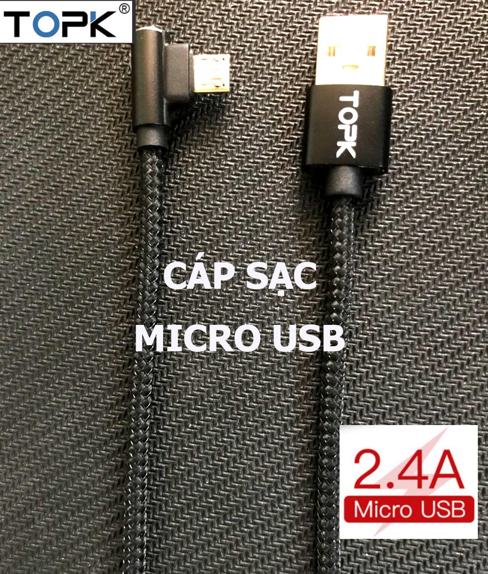 Cáp Sạc MICRO USB 2.4A  Kiểu L Dành Cho Game Thủ Dây Dù siêu bền TOPK