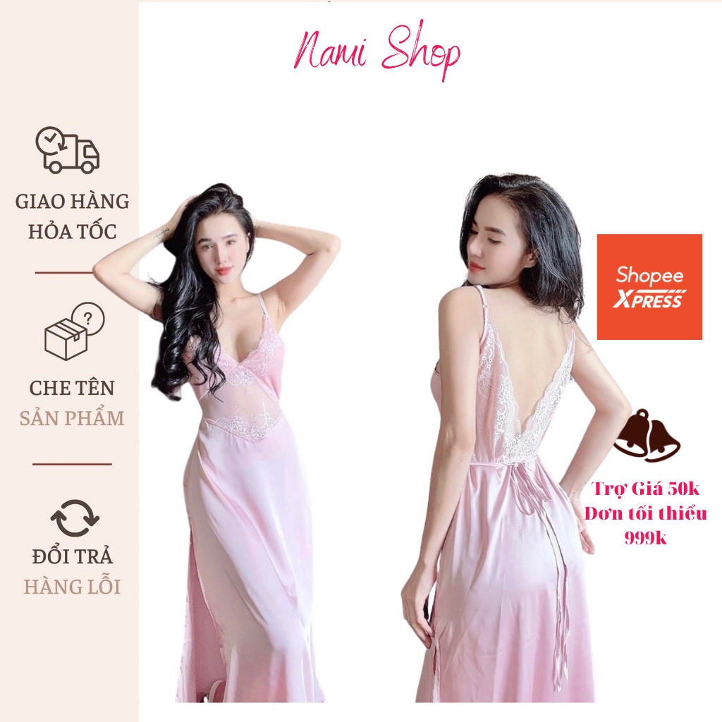 Váy 2 dây đầm ngủ dáng dài phối ren Sexy xẻ tà Lụa Latin cực mát Freesize Hàng thiết kế cao cấp