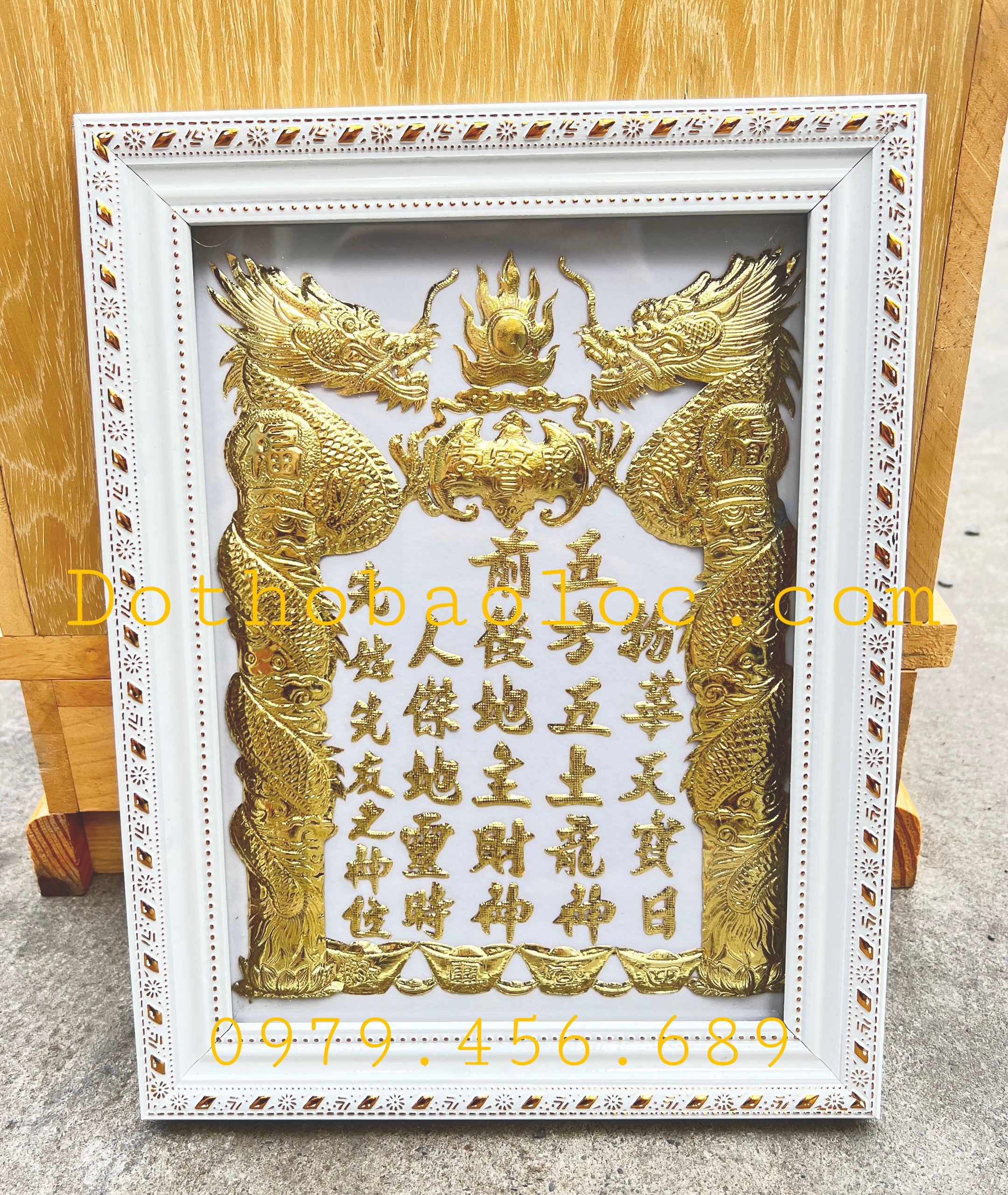 Bài vị thần tài thổ địa dát vàng 24 k cao 30cm x 23cm-trắng