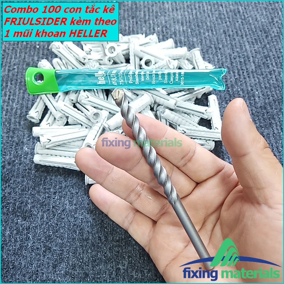 Combo gồm 100 cái tắc kê nhựa cao cấp friulsider x1- 8x40 + 1 mũi khoan heller 8ly