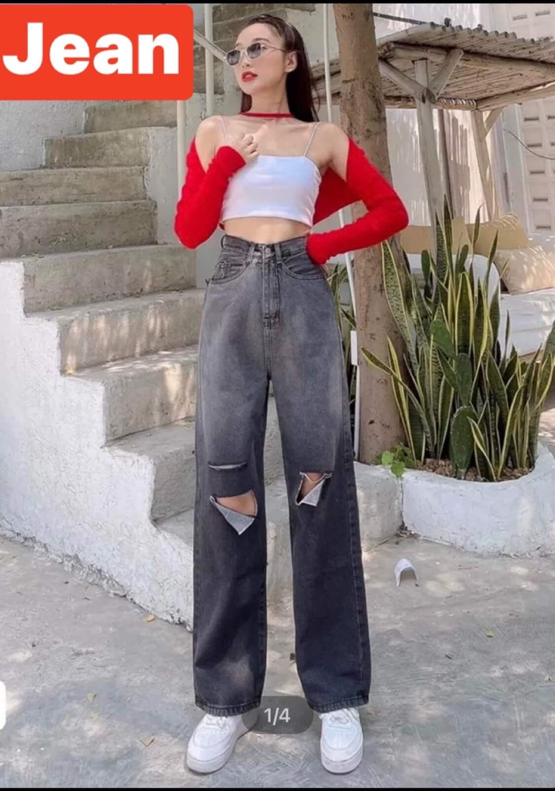 [Mua 2 giảm 5%] QUẦN JEAN ỐNG RỘNG NỮ LƯNG CAO MÀU XÁM LOANG RÁCH 2 VẠC 1 SỌC LAI CUỐN VẢI DÀY ĐẸP