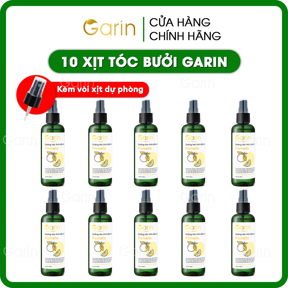 Bộ 10 chai tinh dầu bưởi xịt mọc tóc nhanh pomelo Garin dưỡng tóc kích mọc tóc giảm rụng tóc rõ rệt cho tóc dày và dài hơn gấp 2 đến 3 lần