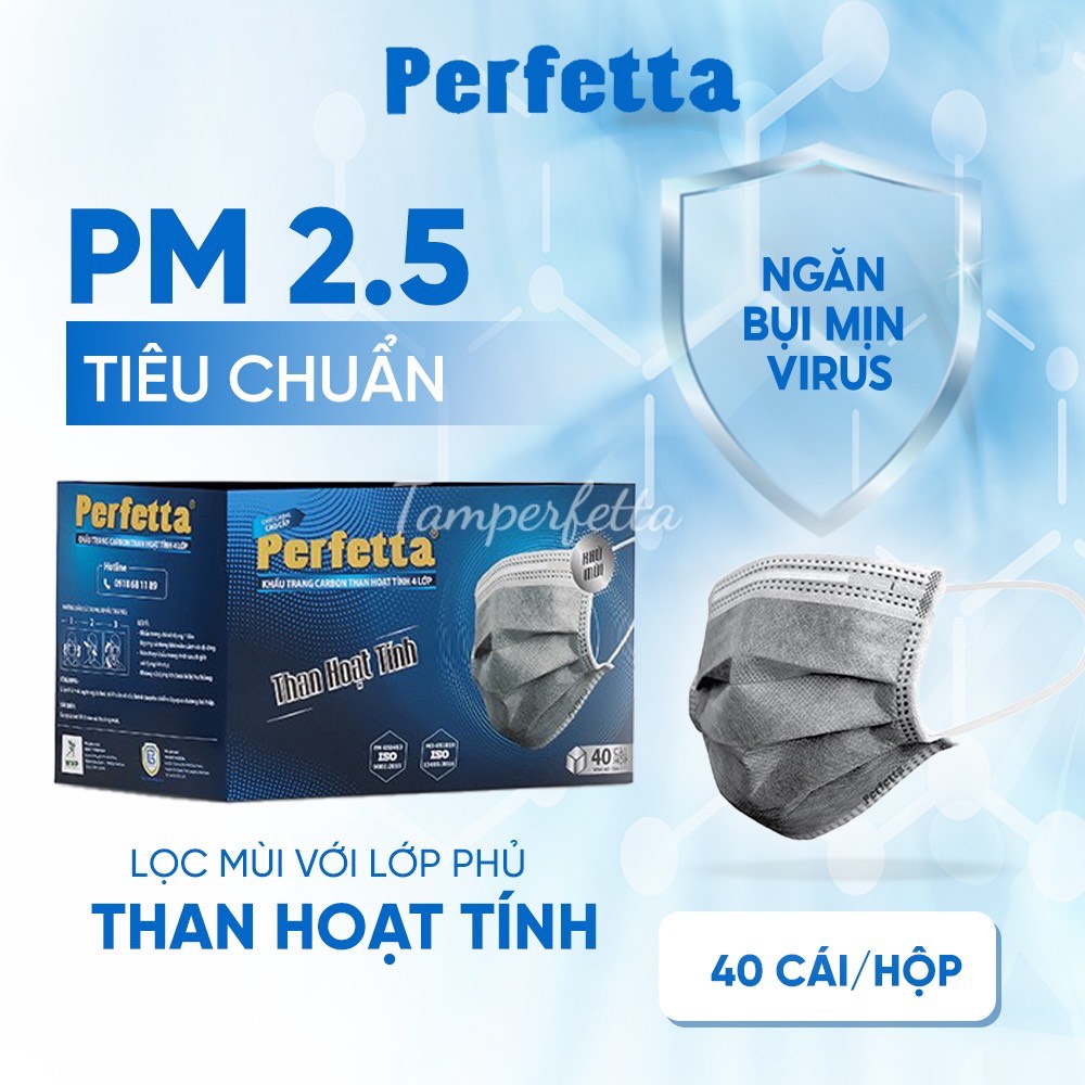 [HCM]Khẩu trang y tế 4 lớp cao cấp Perfetta Carbon kháng khuẩn khử mùi, ngăn giọt bắn-1hộp 40 cái,đóng gói riêng từng cắi