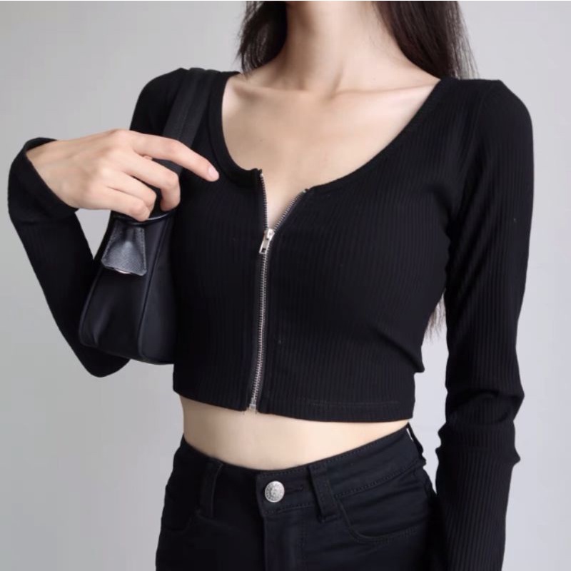 Áo croptop tay dài dây kéo thun gân - Crt dài tay dây kéo chất đẹp A4-00