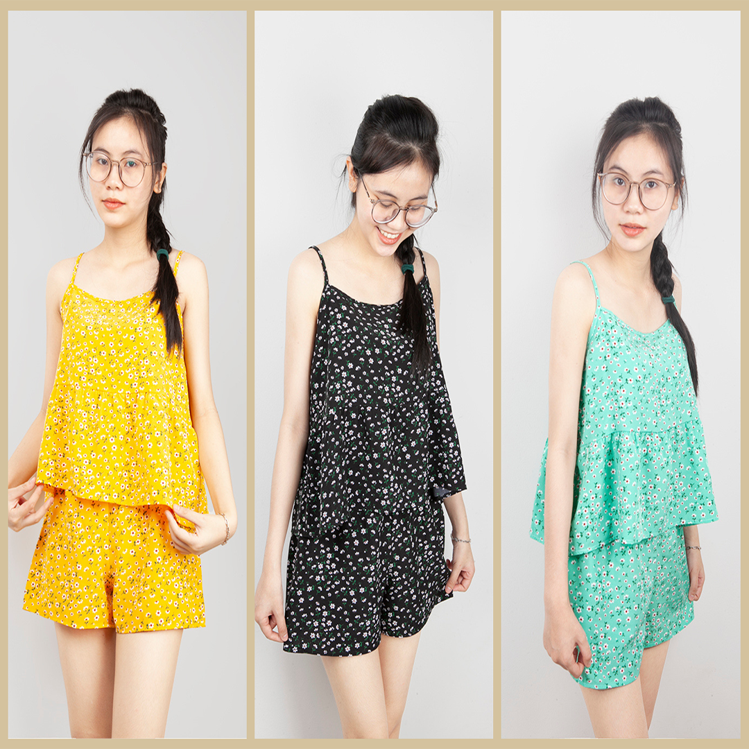 Đồ bộ đùi nữ mặc nhà 2 dây babydoll dễ thương lụa 100D mịn mát