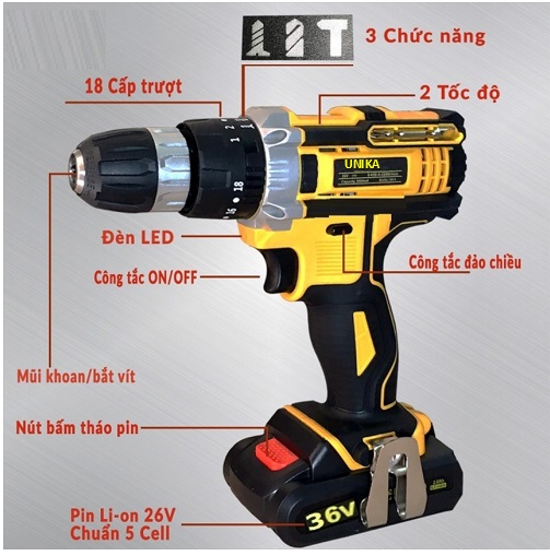 Máy khoan pin, Máy khoan bê tông dùng pin UNIKA 36V TẶNG MŨI KHOAN - 2 PIN máy khoan pin, máy bắn vít, máy khoan cầm tay
