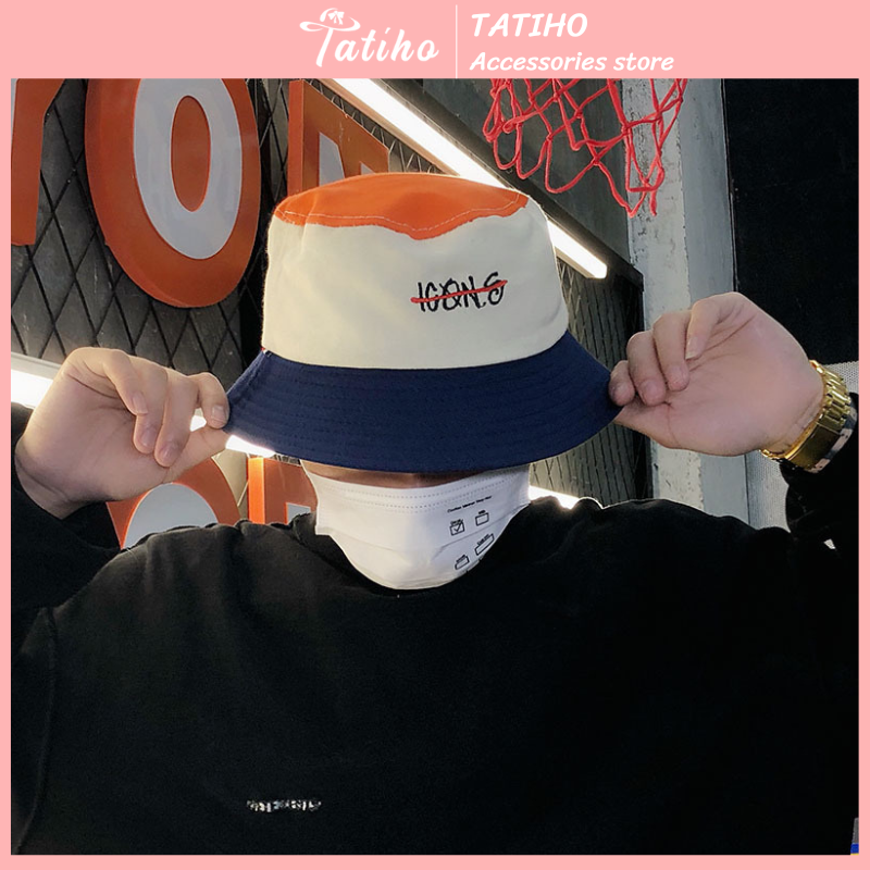Mũ bucket unisex, Nón bucket vành ngắn phối ba màu vải cotton họa tiết trơn phối chữ phong cách basic thời trang - NV028