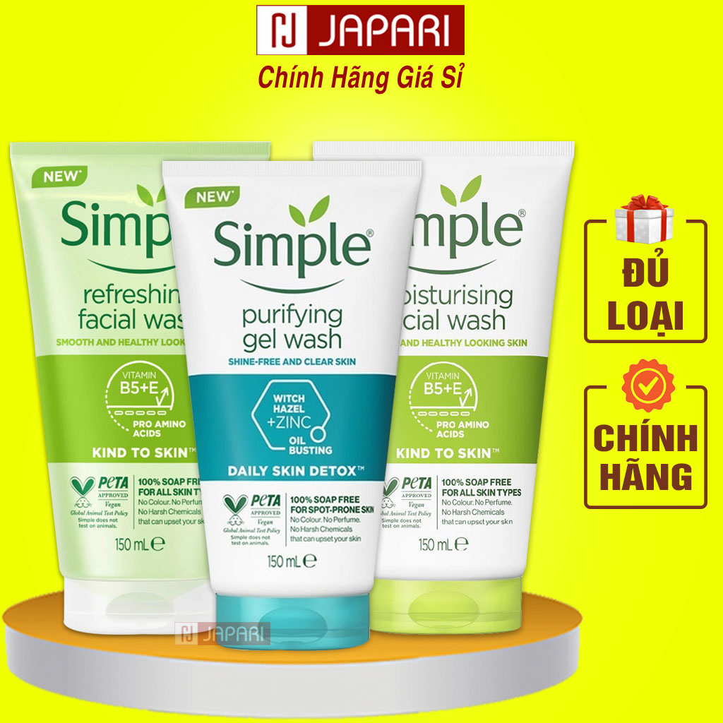 Sữa Rửa Mặt Simple Đủ Loại Cho Da Dầu Mụn, Da Khô, Da Nhạy Cảm CHÍNH HÃNG NHẬP KHẨU 150ml - Srm Simple Chăm Sóc Da Mặt Dưỡng Ẩm  - Sửa Rửa Mặt Cho Nam Nữ Cho Mỹ Phẩm Giá Sỉ Japari