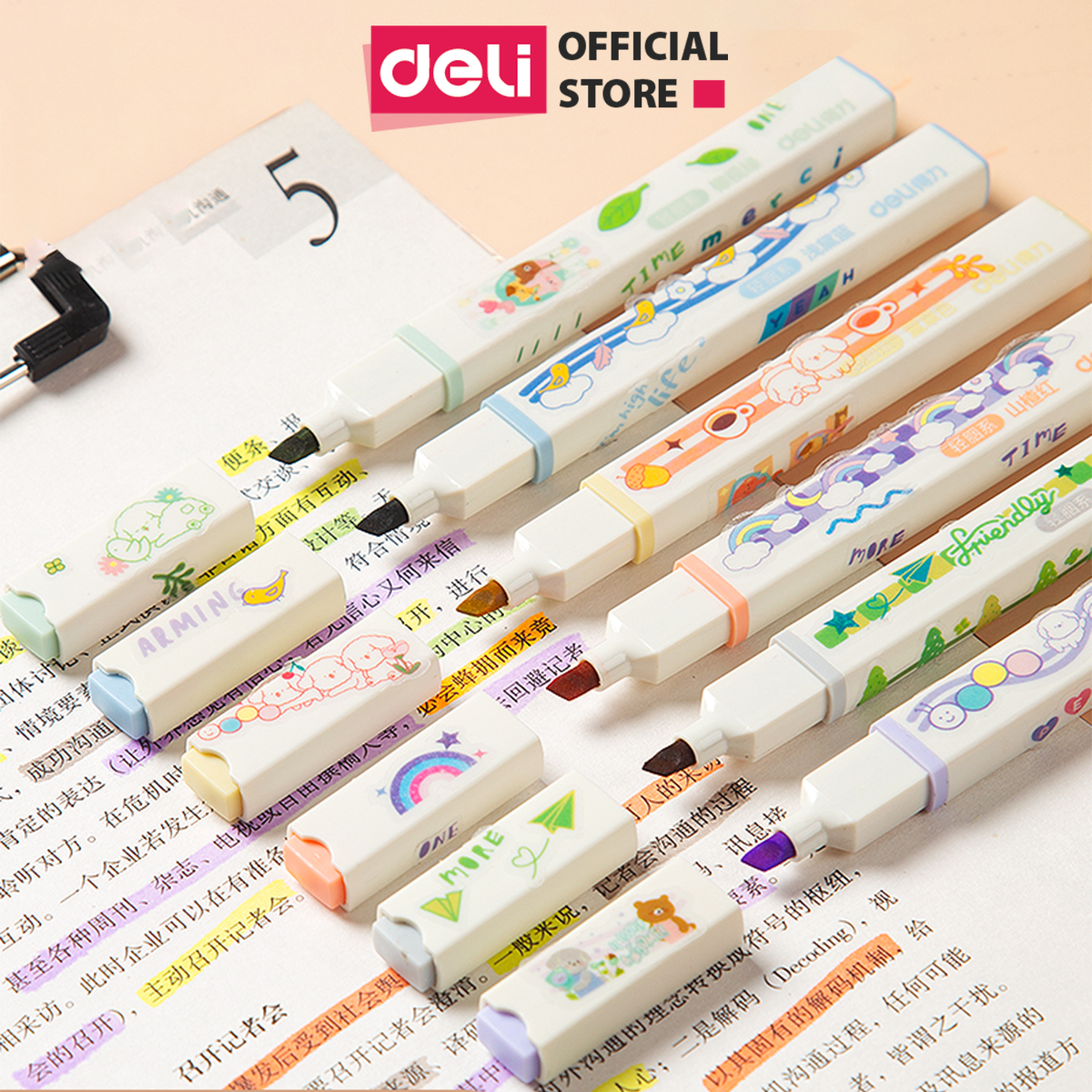 Bút highlight bút nhớ dòng nhấn dòng macaron kèm sticker Deli - hộp 6 chiếc - S742/S741/S743