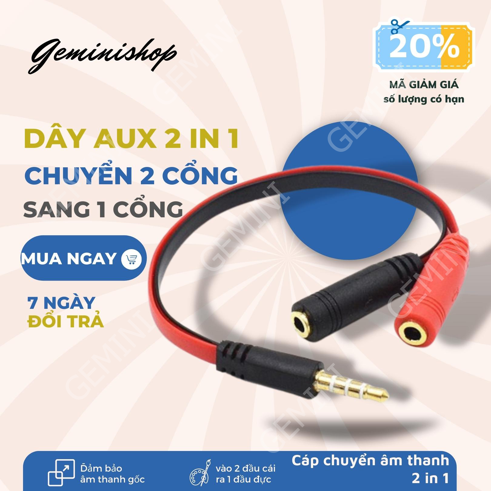 Cáp chia 2 cổng Audio 3.5mm 1 đầu đực ra 2 đầu cái dây 2 in 1