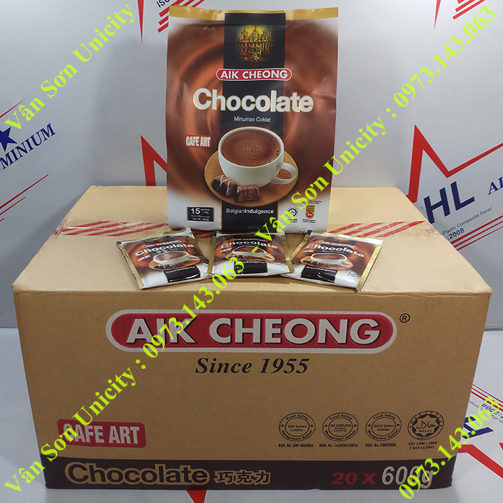 Thùng thức uống Socola Chocolate Aik Cheong 20 bịch 600g 15 gói x 40g