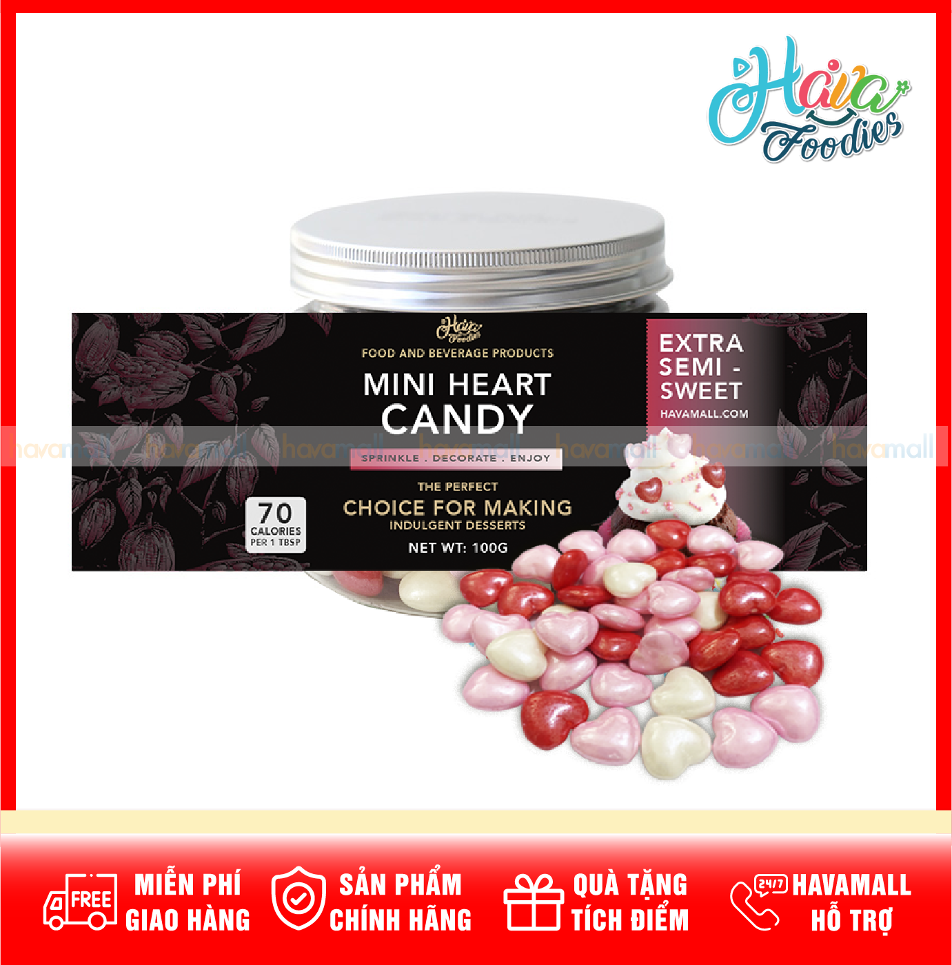 Bông Đường Trang Trí Havafood Hủ 100g – Mini Heart Candy Sprinkles