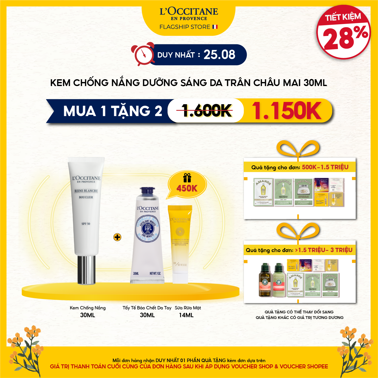 Kem Chống Nắng Giúp Làm Trắng Trân Châu Mai L'Occitane Reine Blanche Illuminating UV Shield SPF50