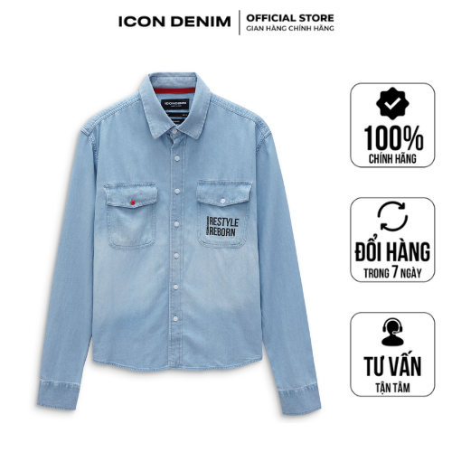 Áo sơmi denim nam tay dài icon denim relaxed-fit light blue wash smid0088