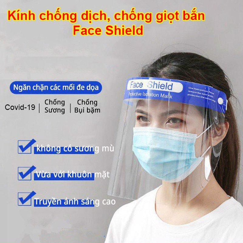 Kính chắn giọt bắn, Kính phòng dịch, Kính bảo hộ, Mặt nạ Face Shield,Kính chống covid-Mặt nạ phòng dịch, mặt nạ chống giọt bắn bằn nhựa trong suốt, an toàn, dễ sử dụng, ngăn chặn covid