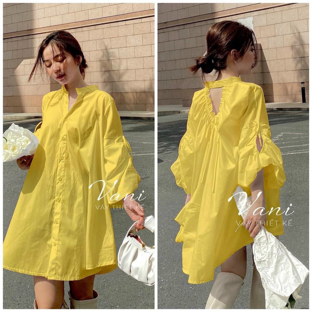  Đầm nữ thời trang mặc đi chơi chất lụa form babydol thiết kế cổ sơmi phối xẻ sau tay dài váy rộng xoè sang chảnh 