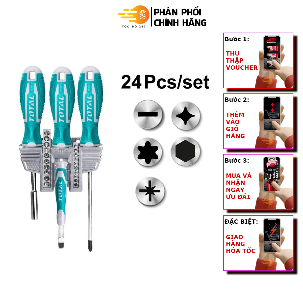 Bộ tua vít 24 chi tiết đa năng total tacsd302462 - thép chuyên dụng cr-v, tay cầm nhựa chắc chắn - tốc độ 247