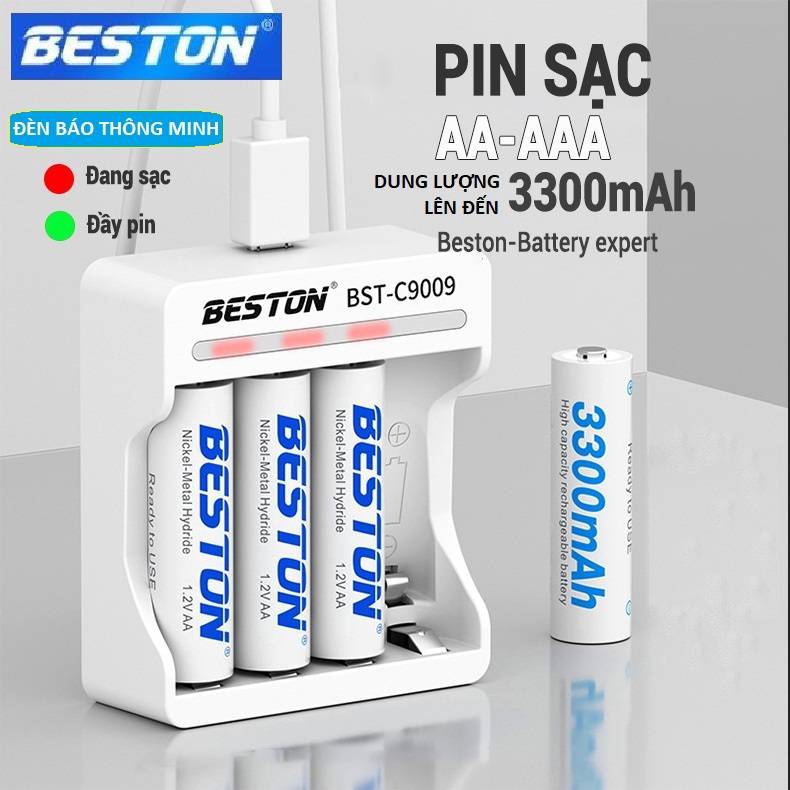  Pin sạc BESTON Dung lượng cao Bộ sạc Pin AA AAA Sạc nhanh Tự ngắt Đèn báo thông minh Dùng cho micro karaoke chuột không dây đồng hồ đồ chơi trẻ em thay pin 1.5V trong các thiết bị điện tử 