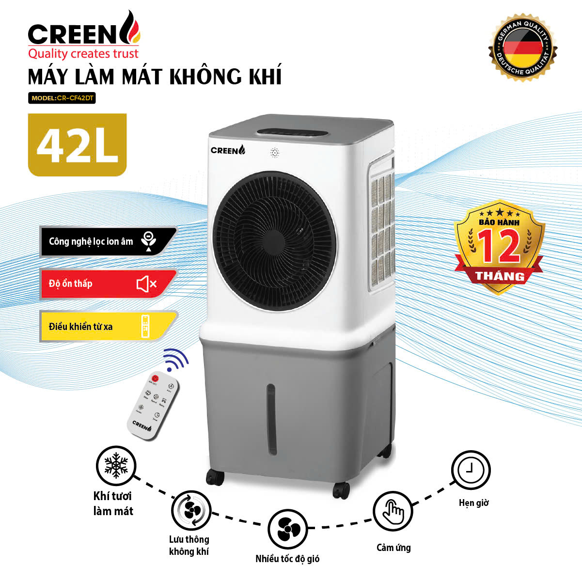 Quạt hơi nước creen cr-cf42dt - quạt điều hòa 42 lít