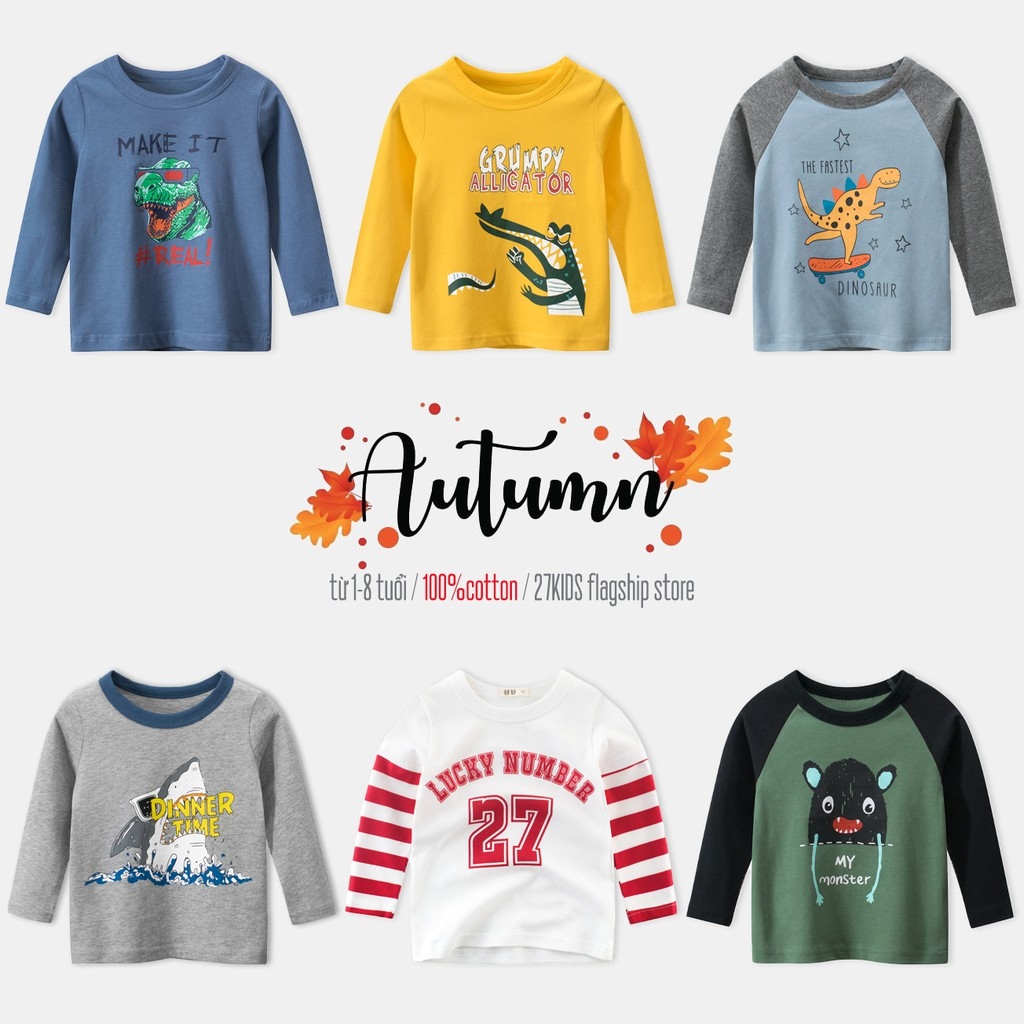 HOT SALE Áo thun dài tay cho bé 27KIDS in hình đáng yêu chất cotton hàng xuất Âu Mỹ