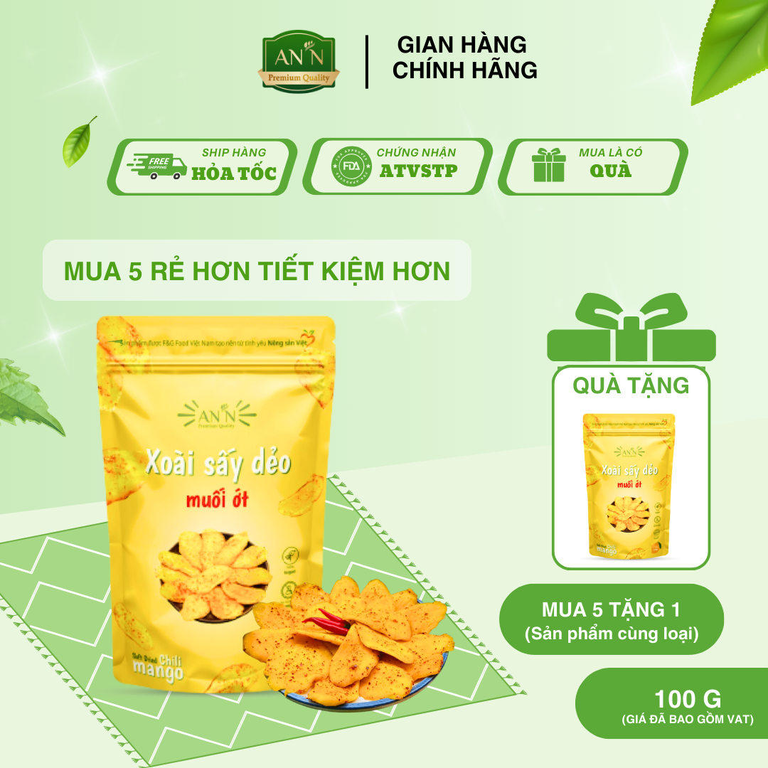 Xoài Sấy Dẻo Muối Ớt Ít Đường Nguyên Vị AN'N loại 1 - Túi 100g