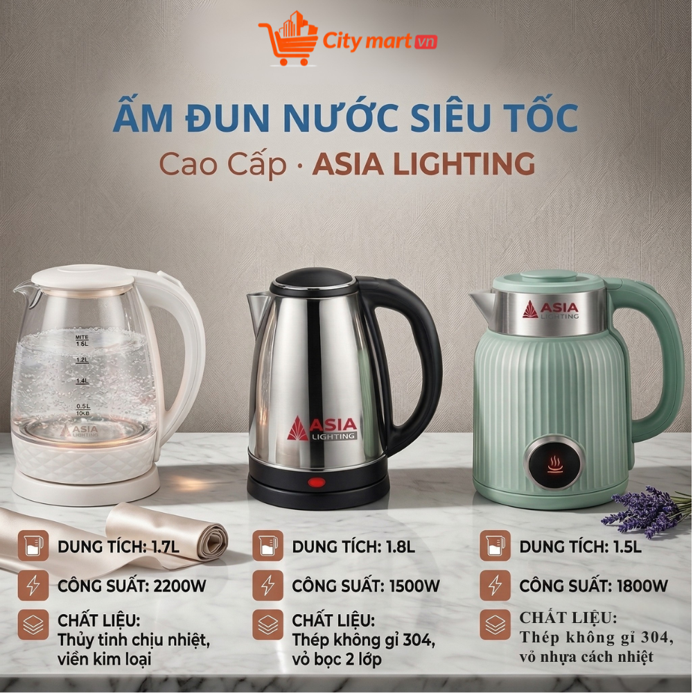 Asia City Mart Vn Electric Kettle - Inox 304 / Glass - Quick Heating, Safe, Genuine
