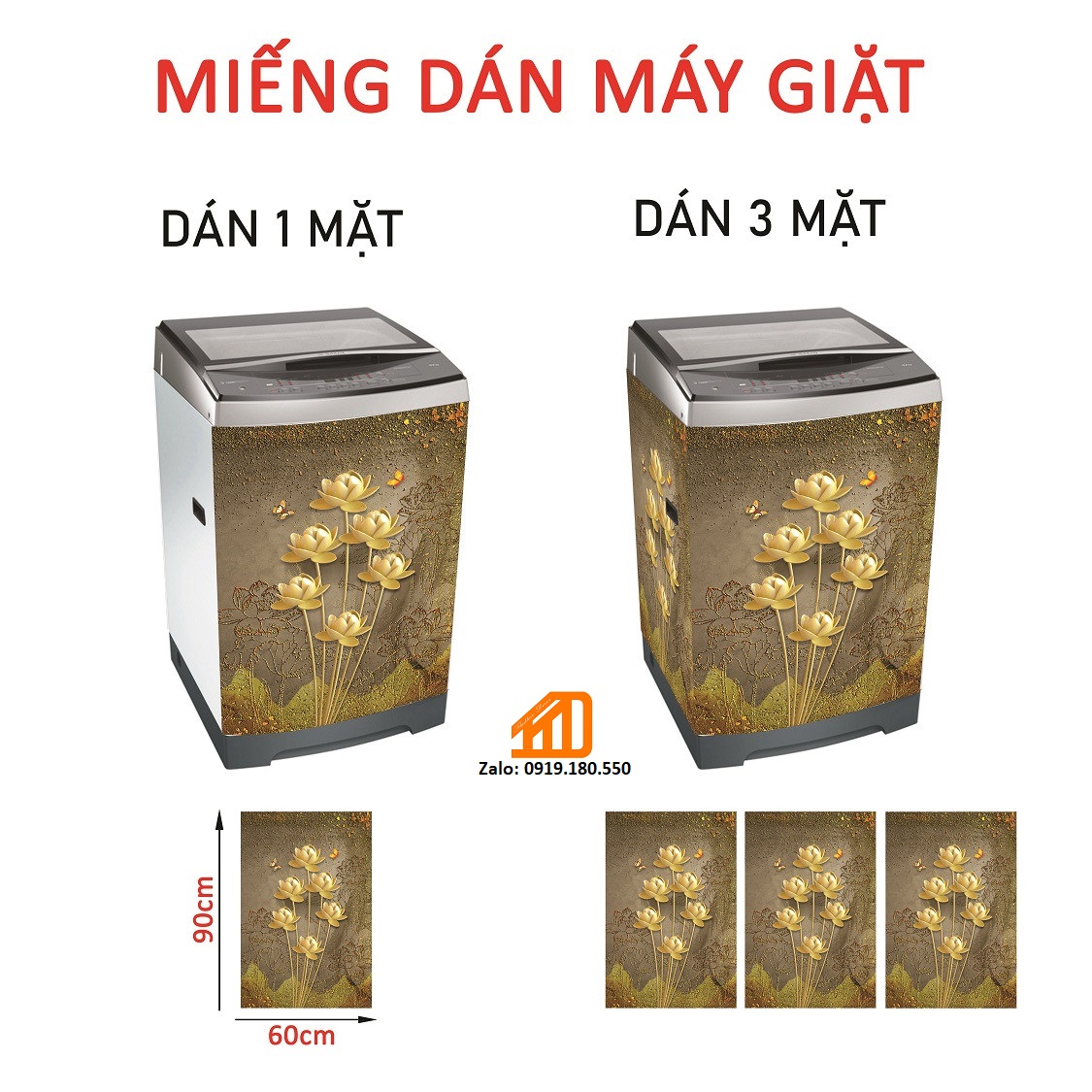 Decal dán máy giặt sen vàng gold - tủ lạnh mini