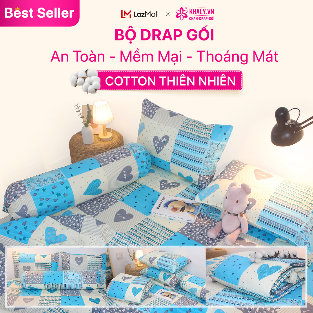 Bộ drap gối KHA LY - Cotton thiên nhiên -Ô Vuông Tim Xanh - VN243