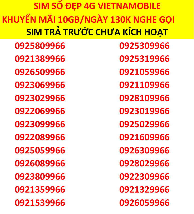 FREESHIP - CHƯA KÍCH HOẠT. Sim Số Đẹp 4G Tam Hoa Sim 9966 Tiến Lên Giá Rẻ - Sim Số Đẹp Vietnamobile - Miễn Phí 10Gb/Ngày - 300Gb/Tháng