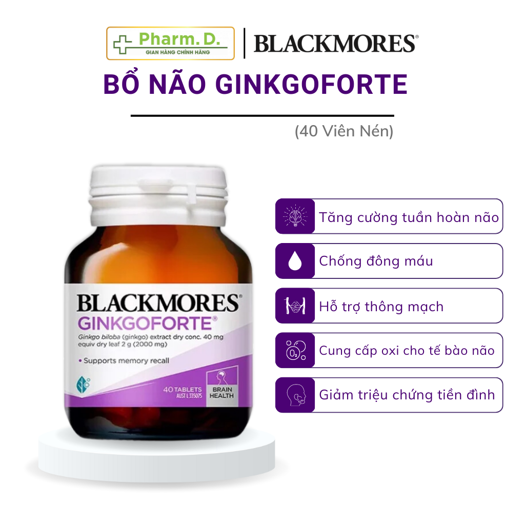 Viên Uống BLACKMORES Ginkgo Forte Giúp Bổ Não, Tăng Cường Trí Nhớ Hộp 40