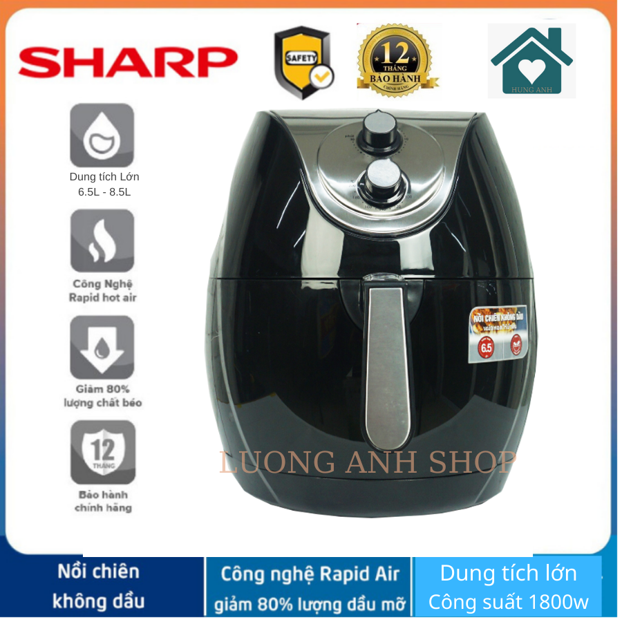 [Giảm 9% Tối đa lên đến 100K] Nồi Chiên Không Dầu SHARP Dung Tích Lớn (6.5L-8.5L) - Kiểu Dáng Hiện Đại, Công nghệ Chiên 360 độ Không Cần Lật,Chiên Nguyên Con Gà, Có Giỏ Chiên, Sử Dụng Đơn Giản, Có Sách HDSD, Bảo Hành 12 Tháng