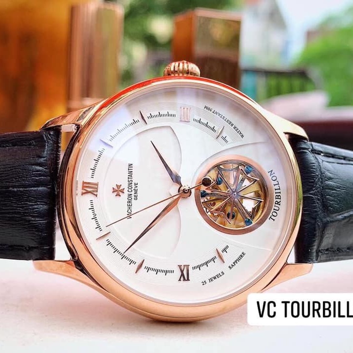 Đồng hồ Nam Automatic (cơ) Varcheronn size 40mm kiểu dáng thể thao dây da đen lộ cơ tourbillon