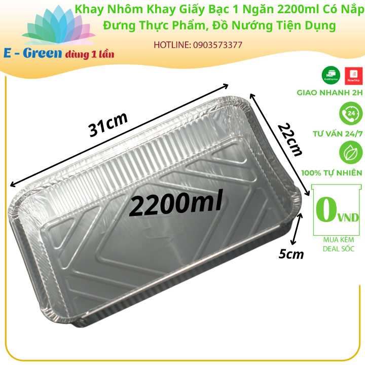 [Freeship+giảm giá 5K]Combo 10-50 Khay Nhôm, Khay Giấy Bạc 1 Ngăn 2200ml Có Nắp, Đựng Thực Phẩm, Đồ Nướng, Tiện Lợi-Egreendùng1lần
