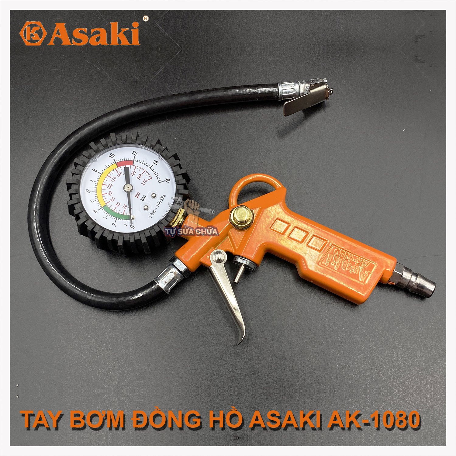 Tay bơm đồng hồ cao cấp chính hãng Asaki AK-1080, đầu vòi bơm hơi bơm lốp sử dụng cho máy khí nén có mặt đồng hồ hiển thị áp suất, Tay bơm hơi