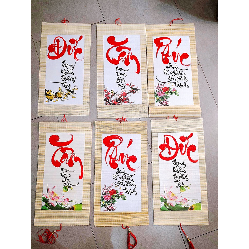 Tranh Liễn treo trang trí Tết 20x40cm Mành tre viết chữ thư pháp đẹp Tâm Phúc Đức có dây treo tua rua xinh xắn Xưởng Sáo Hoàng Lâm